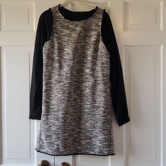 LOFT SHIFT DRESS JUMPER SIZE MEDIUM TEXTURED BLACK CREAM WHITE KNIT OFFICE WORK - Picture 3 of 10